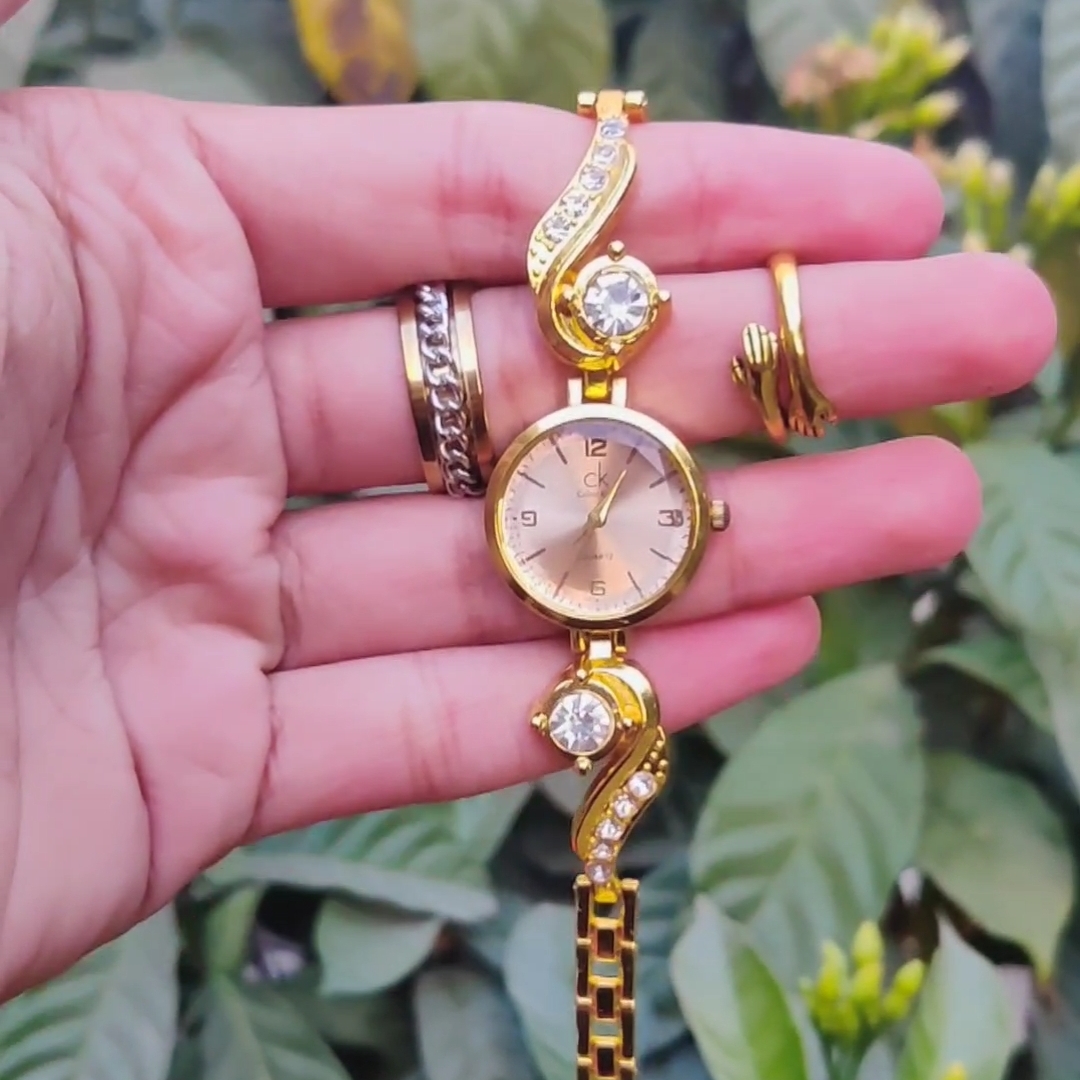 Female Premium Golden Chain watch with 2 Rings