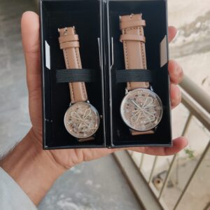 Dark Brown Color Classic Skeleton Elegant Beige Couple Watch Set