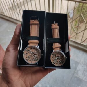 Light Brown Color Classic Skeleton Elegant Beige Couple Watch Set