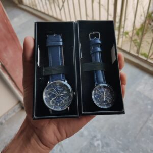Dark Blue Color Classic Skeleton Elegant Beige Couple Watch Set