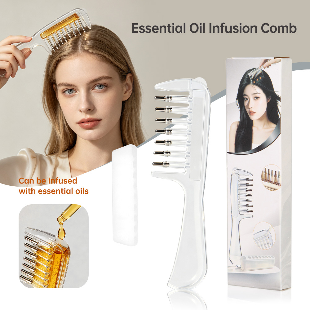 Transparent Essential Oil Applicator Massage Comb with Built-In Liquid Reservoir, Rolling Metal Teeth, Suitable for Women's Scalp Hair Growth and Men's Beard Oil Application, Home Salon Hair Care and Grooming Tool